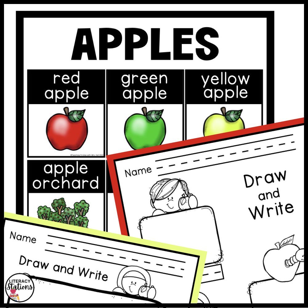 Apple word poster with red, green and yellow apples beside apple Draw and Write pages