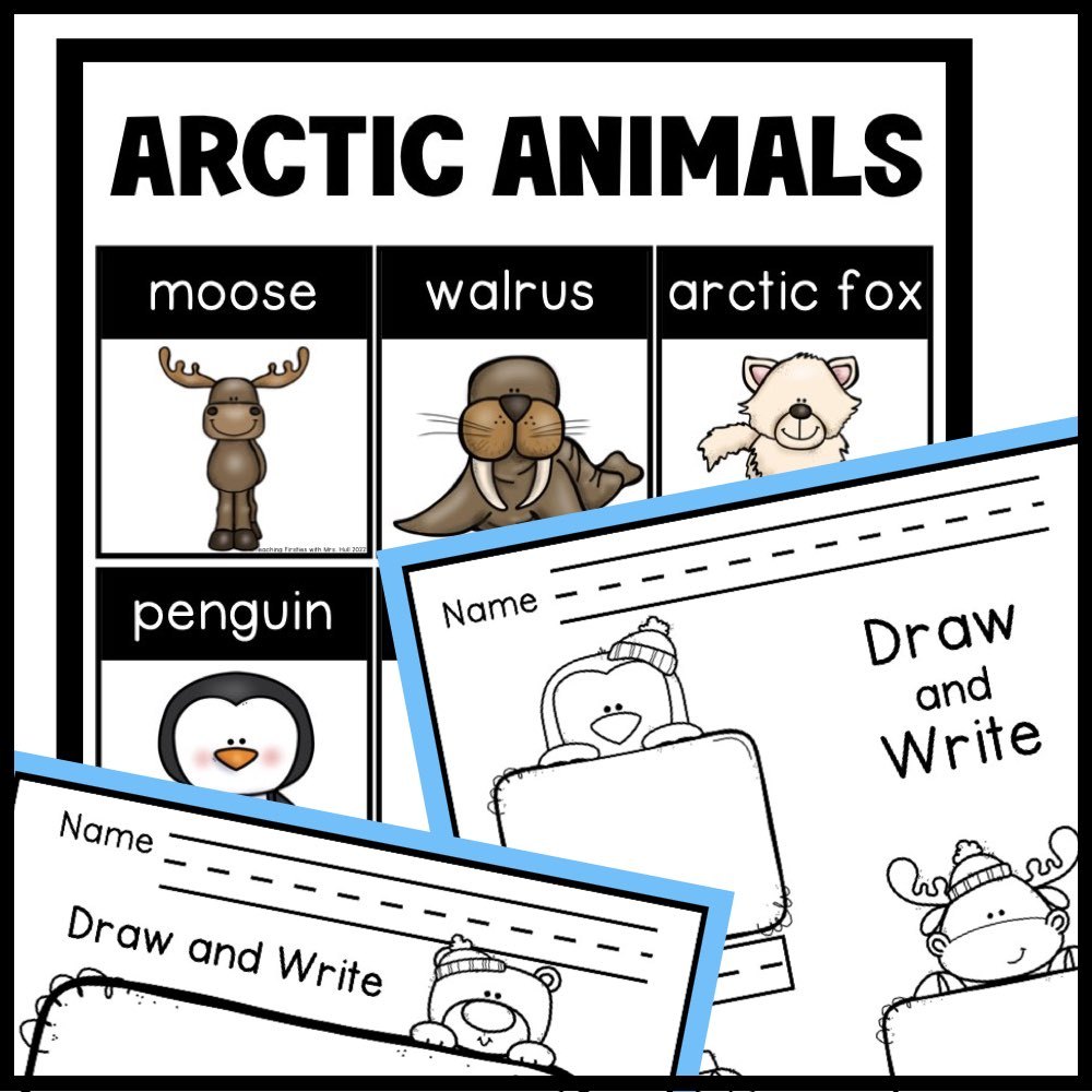 Arctic animals word poster with moose, walrus, arctic fox and penguin, plus Draw and Write pages