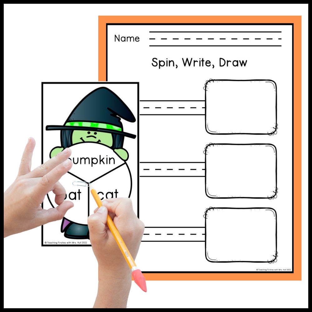 A first grader spins a Halloween topic spinner with a paper clip and pencil next to a Spin, Write, Draw page