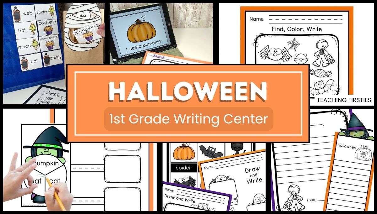 Halloween 1st grade writing center: vocabulary cards in a pocket chart, a topic spinner, Draw and Write pages and Halloween writing paper