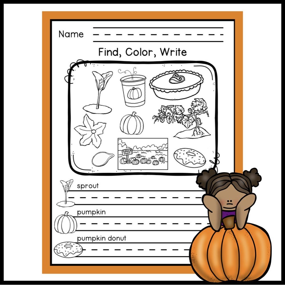 Pumpkin Find, Color, Write page with pictures to color and lines to write the words