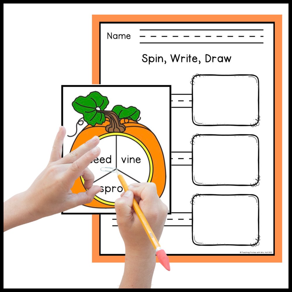 A student spins a paper clip on a pumpkin topic spinner beside a Spin, Write, Draw page