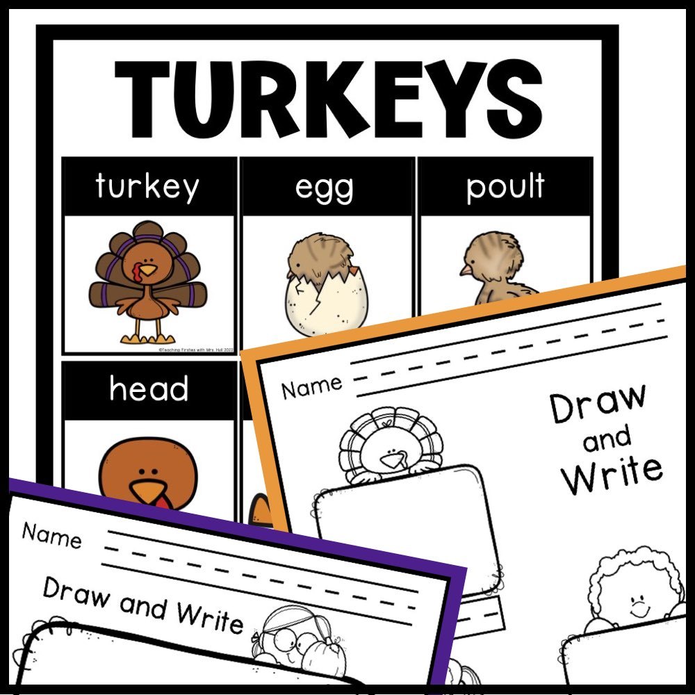 Turkey word poster with turkey, egg, poult and head pictures, plus Draw and Write pages