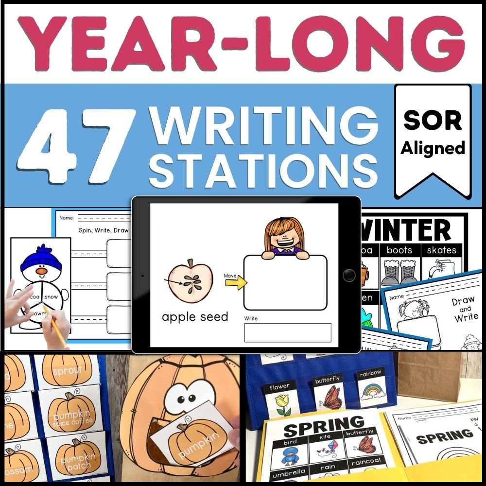 Year-Long Writing Stations bundle with 47 first grade writing centers in print and on a tablet